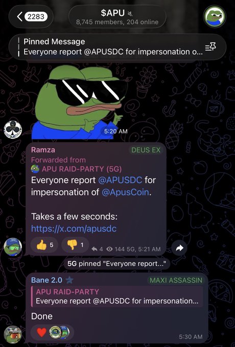The image shows a conversation between two people, with one person wearing sunglasses and holding a green frog character. The text of their conversation includes mentions of Ethereum, APU (APU Raid), and a token called solana apu. The post also discusses the popularity of Ethereum and its use by pumpfun for online discussions.