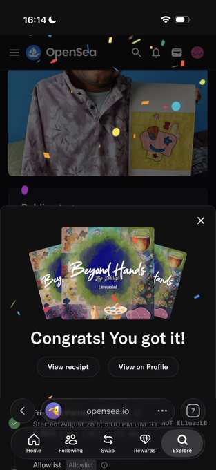 An OpenSea mobile app screenshot shows a congratulatory message 'Congrats! You got it!' after receiving a 'Beyond Hands Beyond Lands' Emerald NFT, with confetti animation and a background image of a person holding a plush toy.