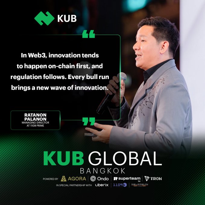 A promotional graphic for 'KUB GLOBAL BANGKOK' featuring a quote from Ratanon Palanon, Managing Director at 1109 PRIME: 'In Web3, innovation tends to happen on-chain first, and regulation follows. Every bull run brings a new wave of innovation.'