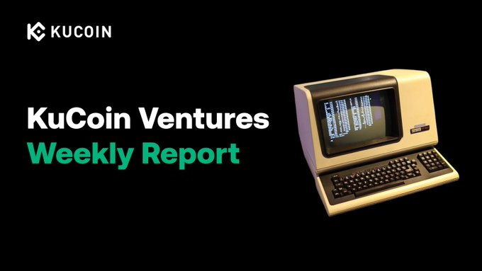 The image is a promotional banner for the "KuCoin Ventures Weekly Report," featuring the KuCoin logo in the top-left corner alongside a retro-style computer terminal displaying lines of code or data on its screen, evoking a nostalgic yet tech-forward aesthetic that ties into the post's discussion of market movements, BTC spot ETF outflows, and the SEC's landmark exemption for tokenized U.S. equities trading.