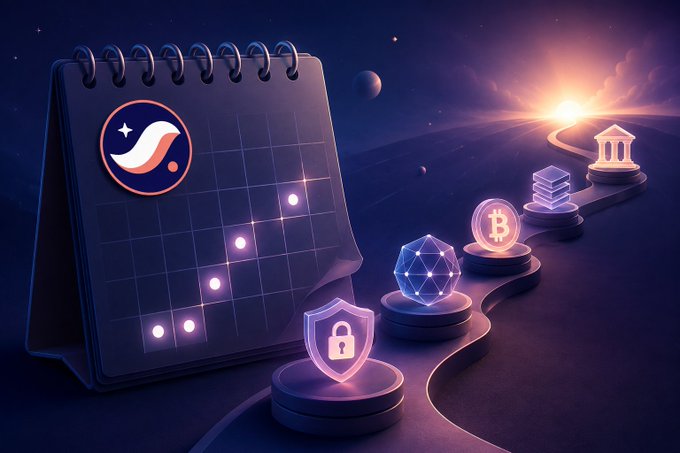 A 3D digital illustration features a desk calendar displaying the same wave/bird logo, alongside glowing icons representing cryptocurrency, security, and finance under a sunset sky.