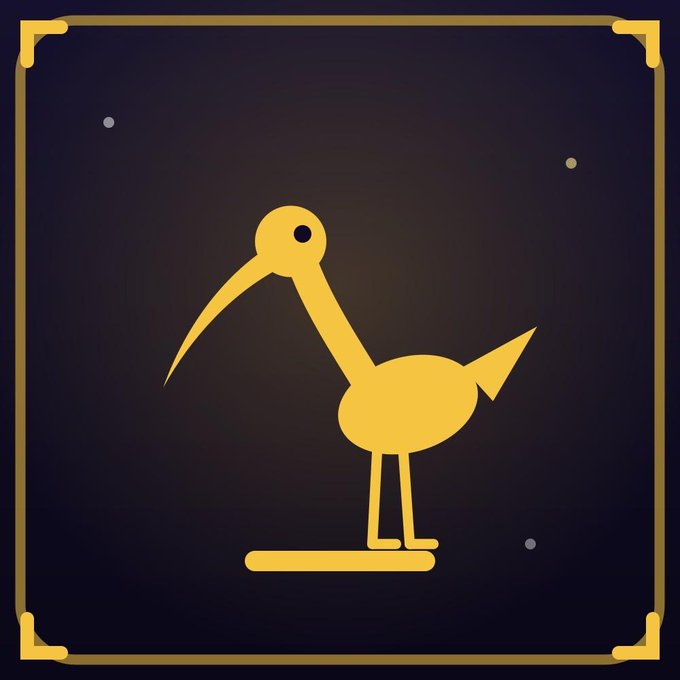 A golden ibis-like bird stands in profile against a dark purple starry background, framed by an ornate golden border—evoking a mystical, talismanic feel for the "$SENET" token's "hidden gem" branding. The image's esoteric iconography reinforces the post's messaging of a secretive, high-potential Solana token awaiting discovery.