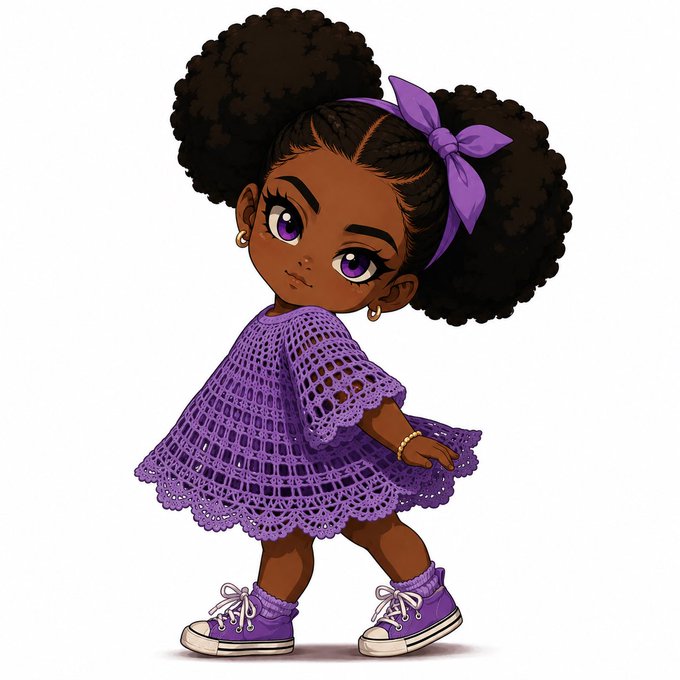 A cartoon illustration of a young girl with dark skin, large purple eyes, two curly afro puffs tied with a purple bow, wearing a purple crocheted dress and matching purple sneakers.