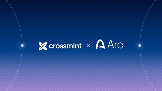 A promotional graphic announcing a partnership between Crossmint and Arc, featuring both company logos (a stylized X-shape for Crossmint and an arched "A" for Arc) connected by a multiplication symbol against a blue and purple gradient background with curved design elements and glowing accent dots, visually representing the collaboration mentioned in the announcement of Crossmint launching its stablecoin platform on Arc's mainnet.