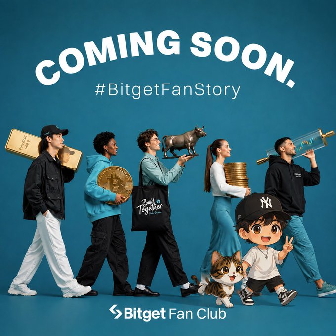 Promotional image for 'Bitget Fan Club' announcing 'COMING SOON. #BitgetFanStory', showing a diverse group of people and a cartoon mascot walking while carrying various items including gold bars, a Bitcoin, a bull statue, coins, and a telescope.
