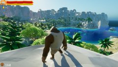 A screenshot from a video game showing a character standing on a rocky cliff overlooking a lush landscape with waterfalls, palm trees, and distant floating structures.