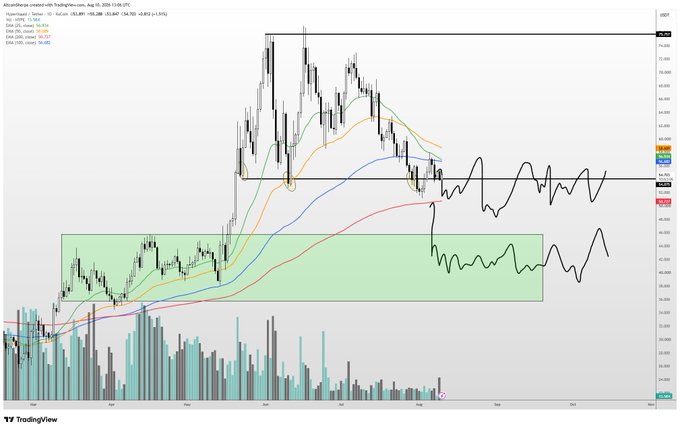 A TradingView candlestick chart shows Alameda Research with VVV/USD on Hyperliquid, displaying 20, 50, 100, and 200 EMAs around $53.89, with a 56.75% drawdown from its $74.70 high, highlighting a pullback within a green support zone—aligning with the post's note that $VVV (and $HYPE) are pulling back from highs as potential longer-term allocations.