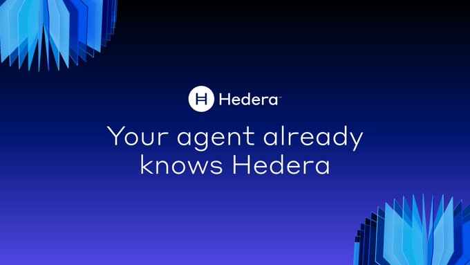 A dark blue promotional image for 'Hedera' with the text 'Your agent already knows Hedera' and crystal-like graphics in the corners.