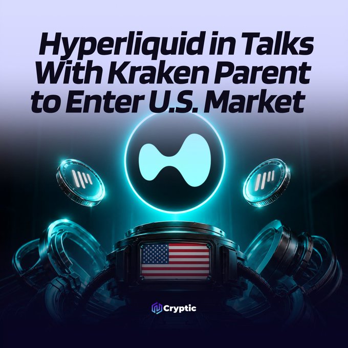 A promotional graphic for a "Cryptic" news update features the headline "Hyperliquid in Talks With Kraken Parent to Enter U.S. Market," visually represented by the glowing Hyperliquid logo flanked by crypto coins and an American flag emblem, illustrating the reported negotiations between HyperliquidX and Payward (Kraken's parent) to launch perpetual futures trading in the U.S. via the regulated Bitnomial exchange.