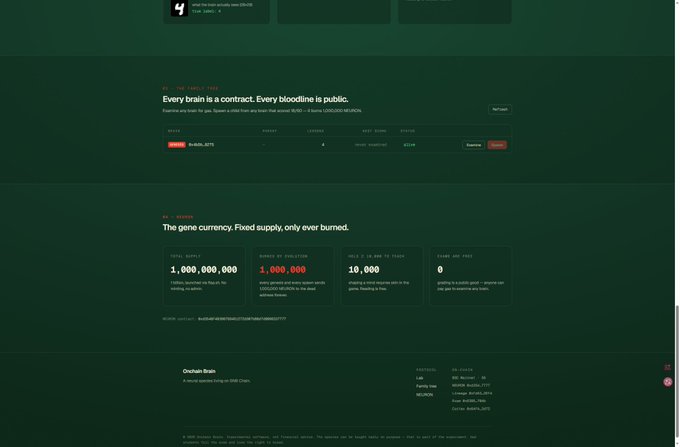 The image shows a dark-themed website for the "Onchain brain" project, displaying the tokenomics for the "$BRAIN" cryptocurrency with a total supply of 1,000,000,000, 10,000 holders, and contract address 0xd3548f4939676d4d1272d307bb8d7d9996337777, matching the BSC address referenced in the accompanying post about fruit fly experiments.