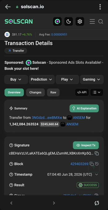 A screenshot of Solscan transaction details showing a transfer of 1,342,084.263524 ANSEM (worth $245,660.64 at $81.17) from wallet 3NGdzd...awBMxw, confirming the user's mistake of sending their full ANSEM bag to the contract address instead of their personal wallet.