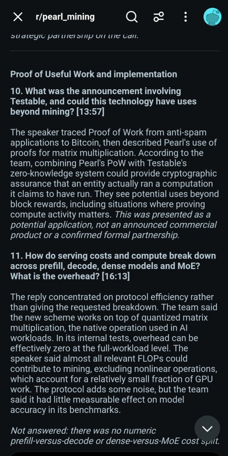 A screenshot from a Reddit thread on r/pearl_mining containing text about 'Proof of Useful Work' and answering questions regarding 'Testable' integration, serving costs, and AI compute breakdown.