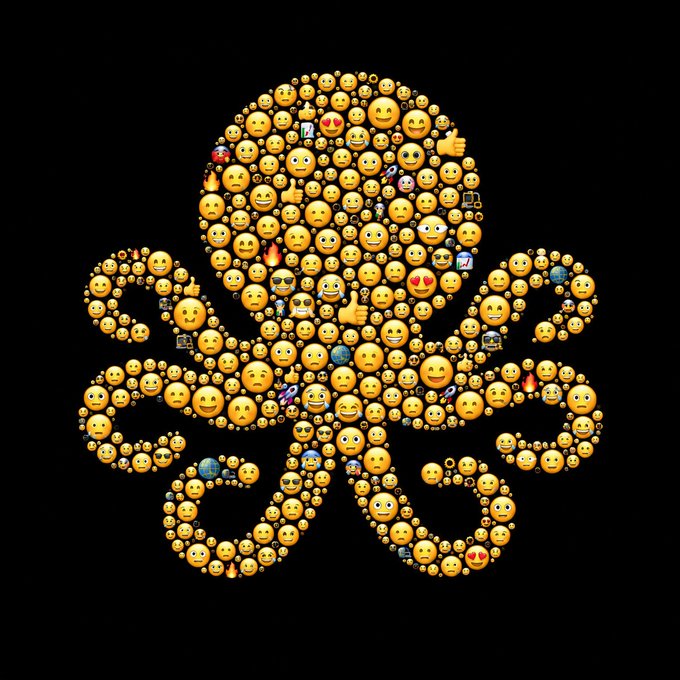 An octopus composed entirely of assorted emojis on a black background, visually representing the multi-tasked, multi-armed nature of on-chain agents. The image complements the post by playfully illustrating how on-chain agents juggle multiple functions—data, reasoning, execution, and trust—much like an octopus handles many tasks at once with its many limbs.
