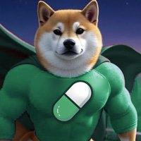 An AI-generated image features a Shiba Inu dog wearing a green superhero suit with a white and green pill-shaped logo on its chest, set against a dark background.