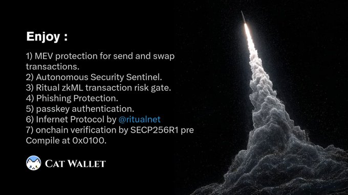 A promotional slide for CAT Wallet listing features including MEV protection, Autonomous Security Sentinel, Ritual zkML transaction risk gate, Phishing Protection, passkey authentication, Internet Protocol by @ritualnet, and onchain verification by SECP256R1, alongside an image of a rocket launching.