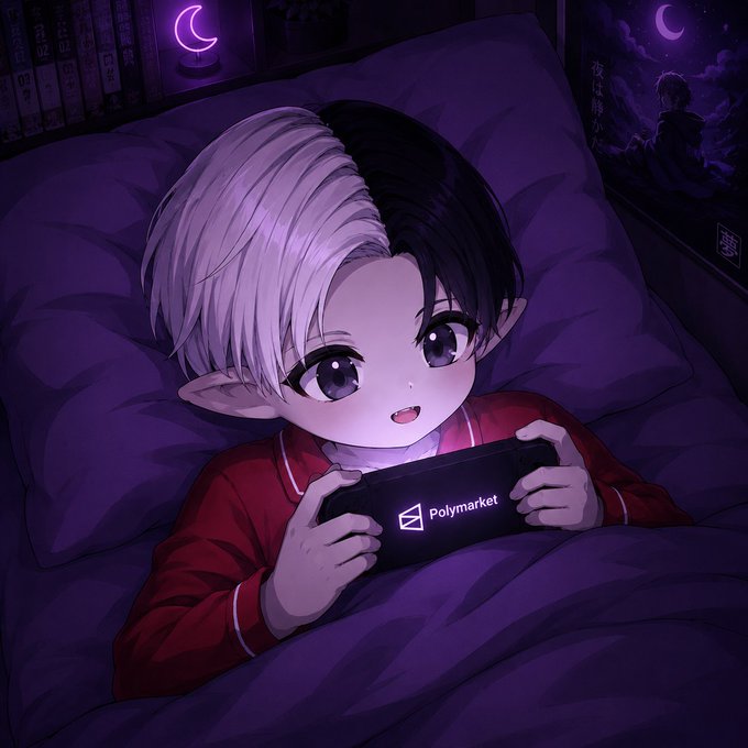 An anime-style character with half-black, half-white hair lying in bed holding a phone displaying the 'Polymarket' logo, set in a dark room with a moon lamp.