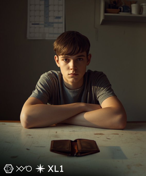 A cinematic AI-generated portrait of a young boy sitting at a table with an open wallet in front of him, with 'XXO XL1' watermarked in the corner.