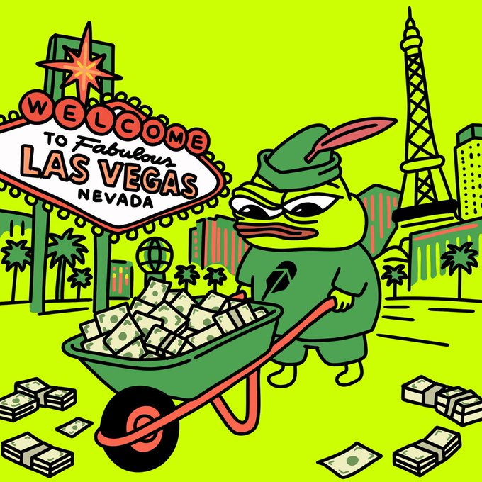 A cartoon yellow duck wearing a green Robin Hood-style hat pushes a wheelbarrow overflowing with cash bundles in front of the iconic "Welcome to Fabulous Las Vegas Nevada" sign, with the Eiffel Tower replica in the background. The image humorously visualizes $PENPE's strong trading momentum on Robinhood Chain, with the duck's wealth-pushing antics symbolizing the token's $763K+ in 24-hour volume and nearly 800 active traders.