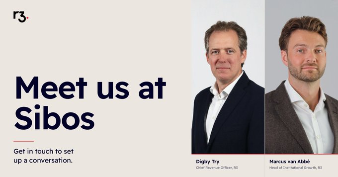 A promotional banner for R3 featuring Digby Try (Chief Revenue Officer) and Marcus van Abbé (Head of Institutional Growth), inviting viewers to meet them at Sibos.