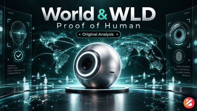A promotional graphic for 'World & WLD' featuring the text 'Proof of Human' and 'Original Analysis' around a spherical biometric device displaying a world map background.