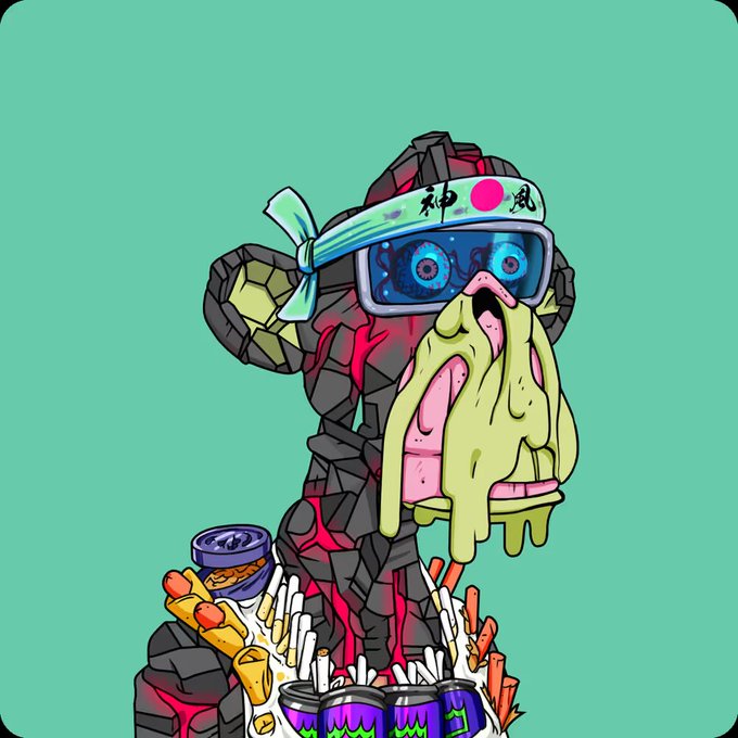 The image features a cartoon monkey wearing a bandana, goggles, and glasses with a face painted on its head. The monkey appears to be holding a can of soda or a can of beer. The background of the image is green, which contrasts with the colorful attire of the monkey. There are also other objects in the scene, such as a bottle and some carrots scattered around.

The post includes text that reads "GM to all the new mutants and apes that entered the club recently!!! This is my mutant. He’s also the lvl 2 boss in Koda 1541's Space Runner game. Updated the leaderboard last night and I'm giving out Apecoin to the top three spots!" The monkey seems to be a part of this scene, possibly as an advertisement or promotional material for the game.