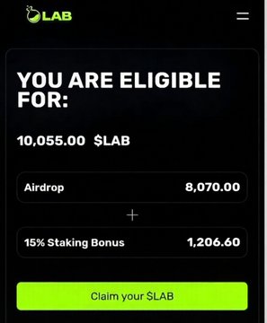 The image shows a cell phone screen displaying an online form for airdrop tokens, with two options available - one for claiming the tokens and another for claiming the tokens after a certain period of time has passed. The text on the screen reads "You are eligble for 10,055 token for lab", indicating that the user is qualified to receive these tokens. Additionally, there's a claim form below this message, which allows users to claim their tokens if they meet specific conditions or requirements.