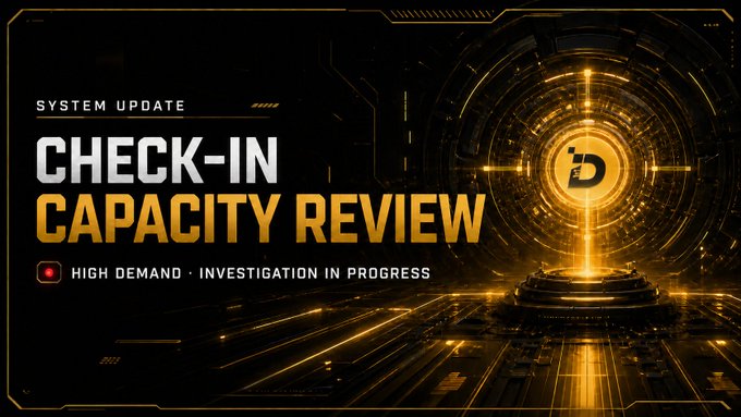 The image displays a dramatic "System Update" graphic with glowing gold and black futuristic design elements, featuring the text "CHECK-IN CAPACITY REVIEW" alongside "HIGH DEMAND • INVESTIGATION IN PROGRESS." It suggests that the platform's check-in feature is being reviewed due to overwhelming demand, which aligns with the Chinese post expressing shock and excitement that the system has once again been overwhelmed by user activity.