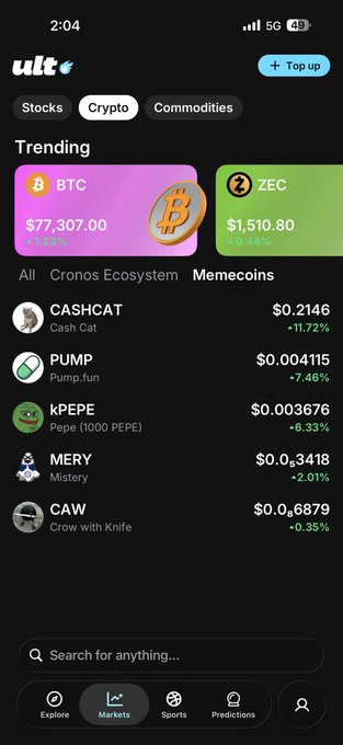 A screenshot of a crypto app showing trending cryptocurrencies under the 'Memecoins' tab, including CASHCAT ($0.2146, -11.72%), PUMP ($0.004115, -7.46%), kPEPE ($0.003676, -6.33%), MERY ($0.03418, -2.01%), and CAW ($0.06879, -0.35%), with BTC at $77,307.00 and ZEC at $1,510.80.