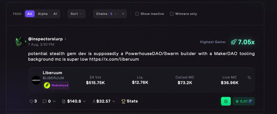 A tweet from @inspectorslurp discussing a potential stealth gem dev with PowerhouseDAO/Swarm builder background, featuring a token called Liberuum with $515.75K 24h volume and a 7.05x highest gain.