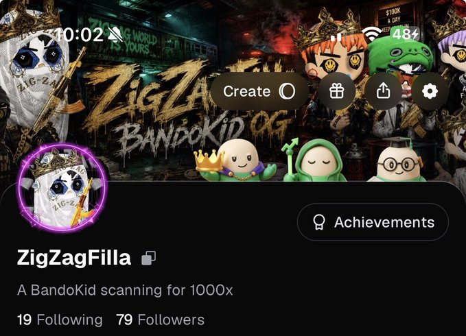 A profile page for 'ZigZagFilla' featuring the 'ZIGZAG BandoKid OG' banner, with bio 'A BandoKid scanning for 1000x' and 79 followers.