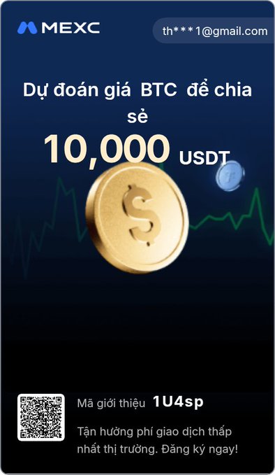 A MEXC cryptocurrency advertisement in Vietnamese predicting a BTC price will share 10,000 USDT, with a referral code '1U4sp'.