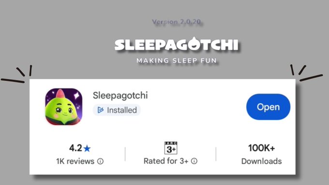 A screenshot showing the 'SLEEPAGOTCHI - MAKING SLEEP FUN' app on its store page, displaying version 2.0.20, a 4.2 star rating, and over 100K+ Downloads.