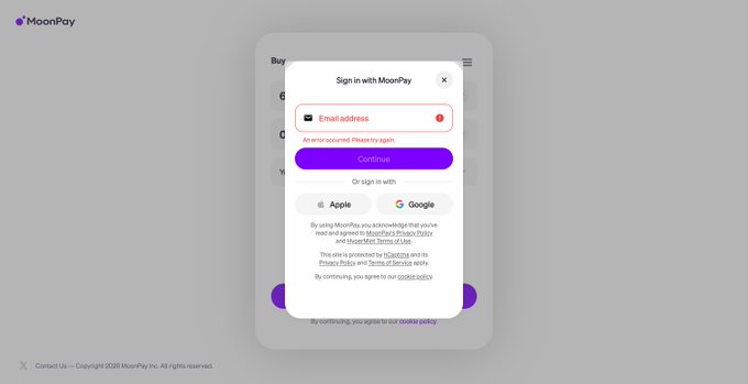 A MoonPay sign-in modal shows an email input field with the error "An error occurred. Please try again," beneath a disabled "Continue" button, with Apple and Google sign-in options below. The post expresses frustration, suggesting the poster stayed up all night only to encounter this error on the MoonPay airdrop page, implying they are giving up the opportunity to others.