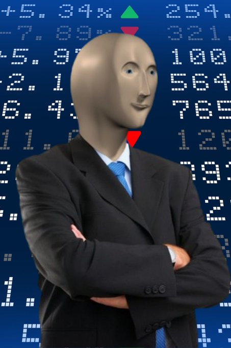 A 3D rendered mannequin wearing a dark business suit with a blue tie stands with arms crossed against a blue background filled with numerical stock ticker data and green/red directional triangles.