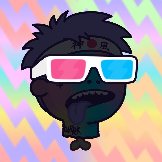 A cartoon illustration of a stylized character with dark skin, 3D glasses, a headband with Japanese characters '神風', and a tongue sticking out, set against a pastel zigzag pattern background.