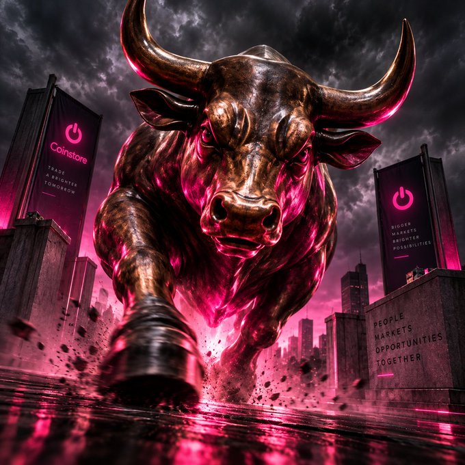 A dramatic digital artwork of a powerful bronze bull charging forward through a stormy cityscape, illuminated by intense pink and magenta lighting, with 'Coinstore' banners displaying 'TRADE BRIGHTER TOMORROW' and 'BIGGER MARKETS BRIGHTER POSSIBILITIES' alongside text reading 'PEOPLE MARKETS OPPORTUNITIES TOGETHER.'