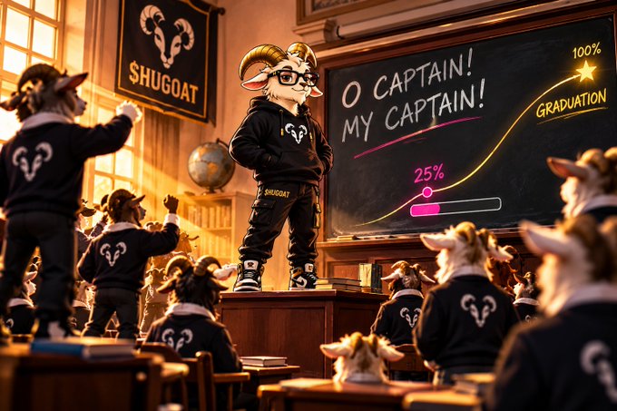 An animated scene shows anthropomorphic goats wearing black 'SHUGOAT' hoodies in a classroom setting, with one goat standing on a desk in front of a chalkboard reading 'O CAPTAIN! MY CAPTAIN!' alongside a graduation progress chart.