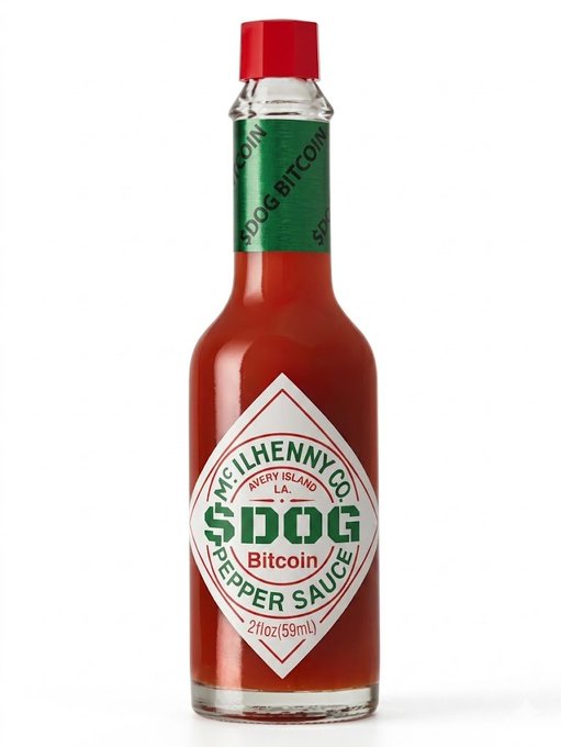 The image features a bottle of hot sauce with a label that reads "MS. HENNY CO. PEPPER SORCE BITCO. $DOG Bitcoin". The bottle has a red cap, which matches the color of the label. The text on the label indicates that this is a product made by MS. Hennny Co., and it contains a bitcoind-like ingredient called "Bitcoin Bitcoin Pepper Sauce". This sauce is designed to be used as a flavoring for various dishes or beverages.
