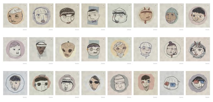 A grid of hand-drawn, cartoon-style portrait sketches featuring various stylized human faces with different hairstyles, expressions, and accessories.