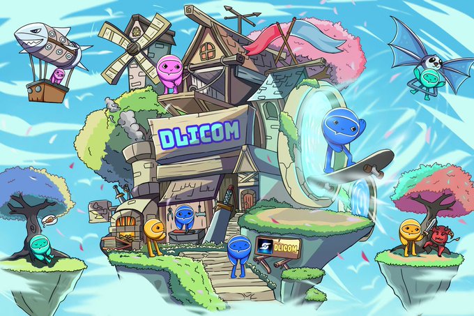 A vibrant cartoon-style illustration of an island floating in the sky featuring a building labeled 'OLICOM', populated with colorful round characters, a windmill, and a shark-shaped hot air balloon.