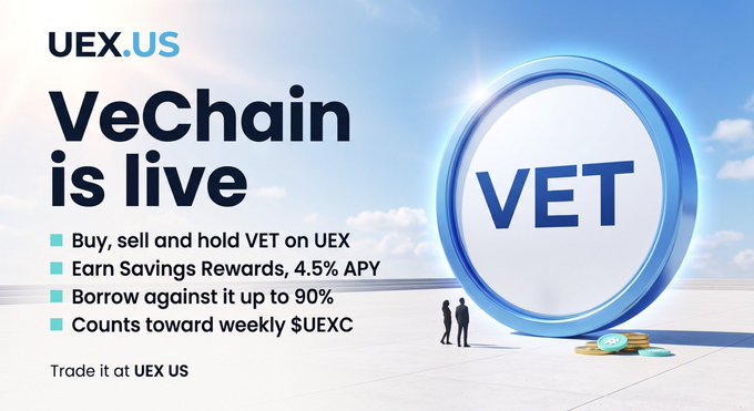 An advertisement for UEX.US announcing that VeChain (VET) is live on the platform, featuring features like buying, selling, earning 4.5% APY, borrowing up to 90%, and counting toward weekly $UEXC.