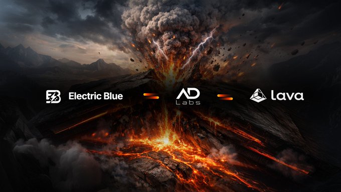A dramatic volcanic eruption scene with flowing lava serves as the backdrop for logos of "Electric Blue," "AD Labs," and "lava," visually symbolizing A.D. Labs' integration into the Lava Tokenization Sandbox—a partnership uniting developers and compliance in real-world asset tokenization.