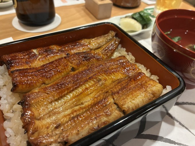 A close-up shot displays a Japanese meal featuring grilled eel (unagi) served over rice in a lacquered box, accompanied by a bowl of miso soup.