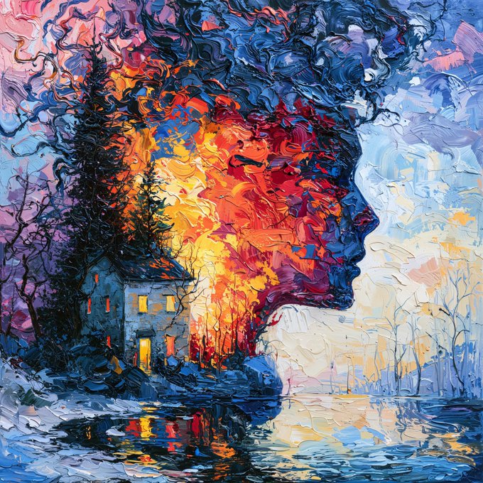 A vibrant impressionist painting showing the silhouette of a woman's profile merged with a landscape featuring a house, autumn trees, and a reflective lake under a swirling blue and pink sky.