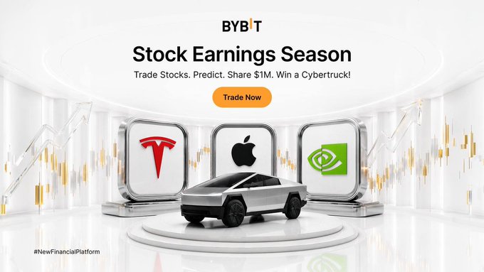 The image is a promotional banner for Bybit's "Stock Earnings Season" campaign, featuring a Cybertruck centered in front of three pedestals displaying the Tesla, Apple, and NVIDIA logos, with a "Trade Now" button and the tagline "Trade Stocks. Predict. Share $1M. Win a Cybertruck!"

This visual ties to the post by highlighting Bybit's new stock ecosystem, suggesting users can seamlessly trade major US stocks like Tesla, Apple, and NVIDIA directly on the platform—addressing the author's point about the inconvenience of juggling multiple accounts to trade US stocks.