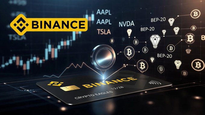 A stylized Binance-branded crypto debit card sits atop digital candlestick charts of stocks like AAPL, TSLA, and NVDA, with floating Bitcoin symbols and "BEP-20" labels in the background—visually linking traditional equities with tokenized assets on Binance's blockchain, which fits the post's explanation that bStocks are tokenized price-tracking instruments rather than actual shares.