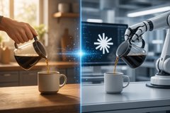 Split-screen comparison showing a human hand pouring coffee on the left and a robotic arm pouring coffee on the right, with a flower logo in the center.