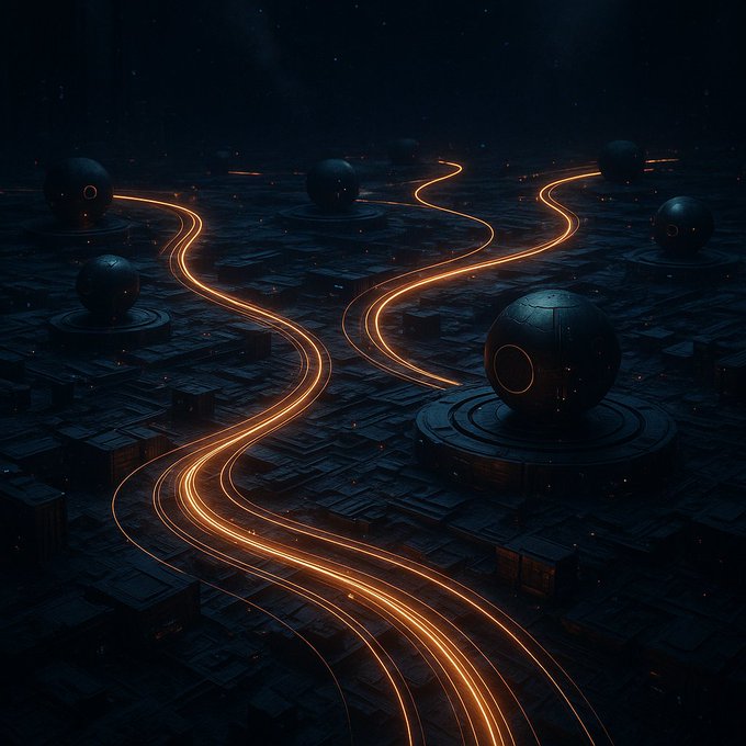 A dark sci-fi landscape with large dark spherical structures connected by glowing orange light trails winding through a grid of low buildings under a starry sky.