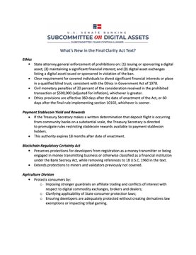 The image is a U.S. Chamber of Commerce "Subcommittee on Digital Assets" briefing document titled "What's Next in the Final Clarity Act," outlining regulatory frameworks, payment inclusion, and blockchain registry measures. The accompanying post urging passage of the Clarity Act aligns with the image's focus on digital asset legislative reform.