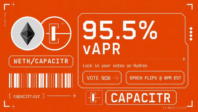 An orange promotional graphic by Capacitr advertising a 95.5% VAPR on the WETH/CAPACITR pool, featuring a barcode, website link (capacitr.xyz), and a "Vote Now" call-to-action for the Hydrex epoch flipping at 8PM EST. The image directly supports the post's reminder for liquidity providers to vote on the pool before the deadline.